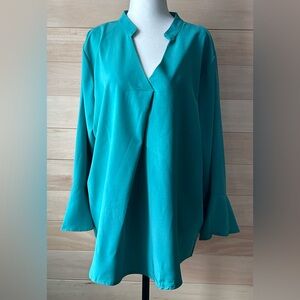 MISSLOOK Teal V-Neck Flowy Blouse with Bell Sleeves Size 3X v-neck tunic top